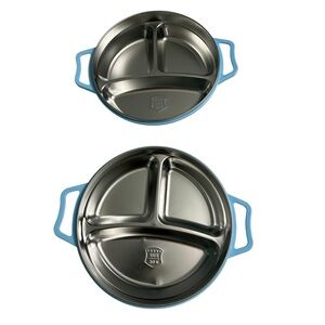 Stainless Steel Divided Plates with Blue Handles. New.